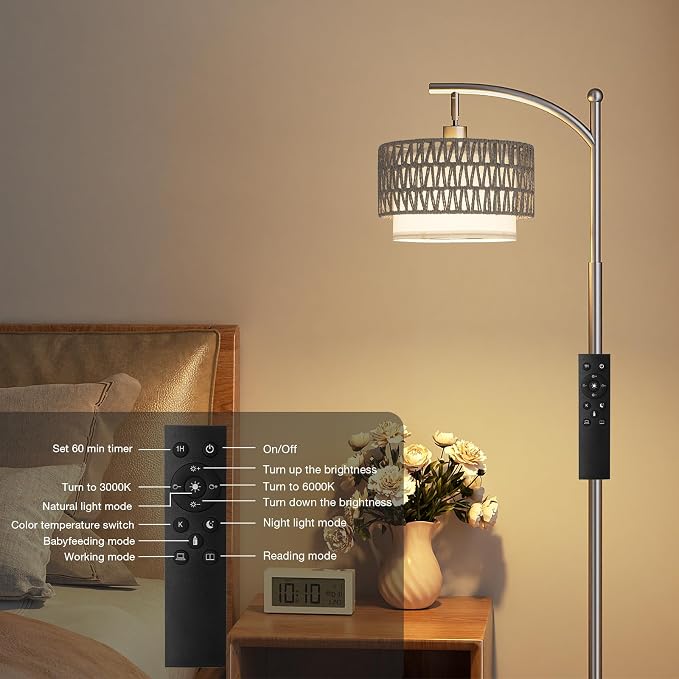 Ambimall Arc Floor Lamp for Living Room with Remote, Color Temperature & Brightness Adjustable, Boho Standing Lamp with Rattan & Fabric Double Drum Shades, Bulb Included(Deep Gray)
