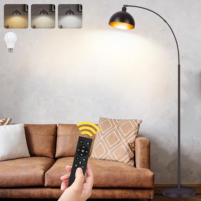 Bronze Arch Floor Lamps for Living Room Dimmable - Upgraded 9W LED Arc Lamp with 4 Color Temperatures, Remote Control Rustic Arched Floor Lamp, Reading Standing Lamp for Bedroom (Bulb Included) Brown