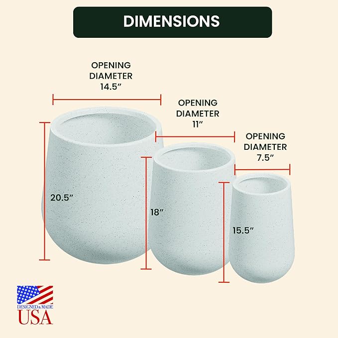 Beuta Large Planters for Outdoor Plants - Set of 3, 15.5/18/20.5 Inches Outdoor Planters for Porch - Tall Planter for Outdoor & Indoor Plants | Large Indoor Plant Pot - USA Made - Limewash