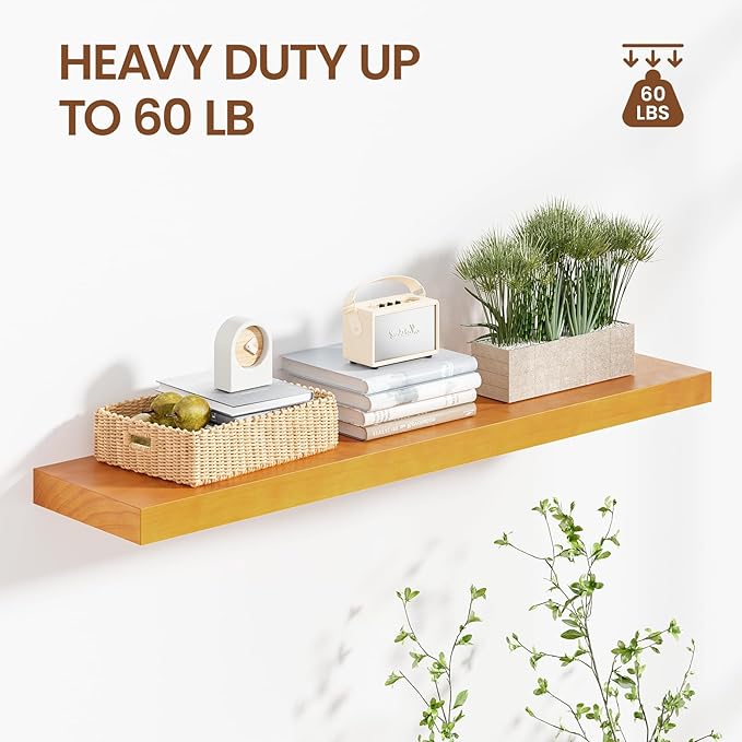 Heimlove Pine Wood Floating Shelves, 8 Inch Deep Real Wood Shelves Set of 2, Wall Mounted Rustic Wood 36x8 Floating Shelf with Invisible Brackets for Bedroom Kitchen Living Room - Honey Oak