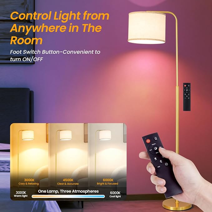 Remote Floor Lamp for Living Room and Bedroom - Modern RGB Standing Lamps Tall with Led Blub and Dimmable Light - Black Arc Room Lights with Shade for Home Decor Office Corner and Reading ( Gold+RGB)