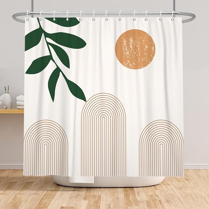 Boho Mid Century Shower Curtain Abstact Arch Sun Leaves Modern Minimalist Geometric Plant Aesthetic Shower Curtains Polyester Fabric Bathroom Decoration Curtain with Hooks 72x84 inch