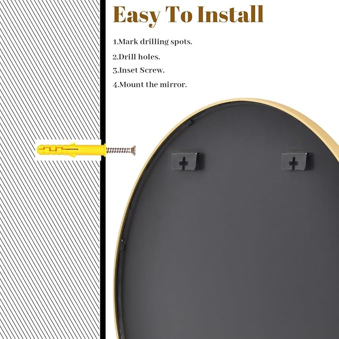 VooBang Gold Round Bathroom Mirror, 30 inch Circle Wall Mounted Hanging Mirror with Simple Modern Circular Metal Frame for Hallway, Entryway, Living Room, Gold Frame