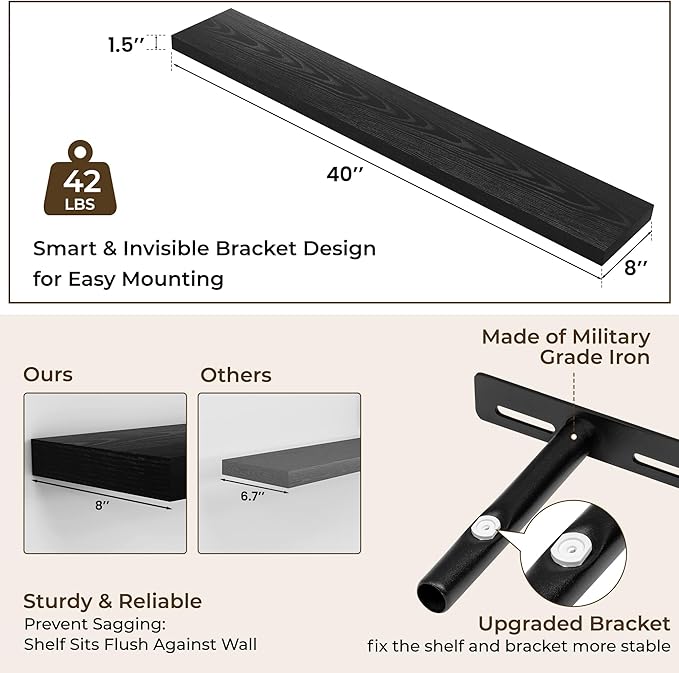 RICHFOCUS 40Inch Floating Shelves for Wall 1 Pack Shelves for Bedroom|Kitchen|Bathroom|Laundry Room Rustic Wood Wall Mounted Shelf with Invisible Brackets for Books|Storage|Decor, Black