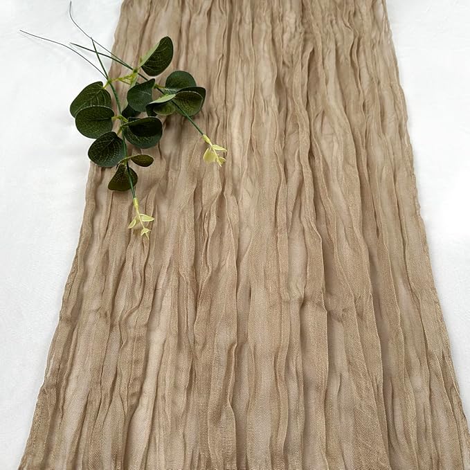 Booque Valley Nude Cheesecloth Table Runner 120 Inch 10ft Super Soft Boho Wrinkled Gauze Sheer Cloth for Baby Shower Birthday Bridal Shower Wedding Centerpiece Table Decoration, 6 Pack , Tan