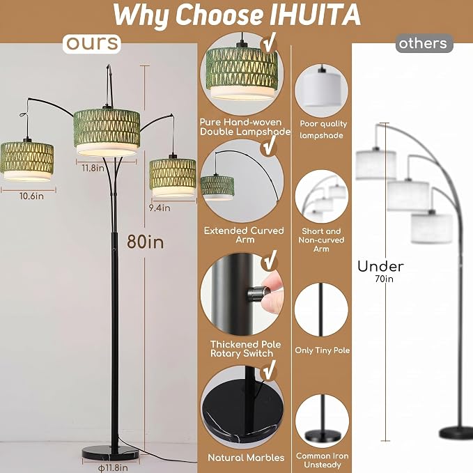 Arc Floor Lamp for Living Room, 80 Inch Rattan Floor Lamp with Rotary Switch, 3 Lights Boho Tall Lamp with Green Wicker Shade for Coastal,Bohemian,Tree Farmhouse Standing Lamp
