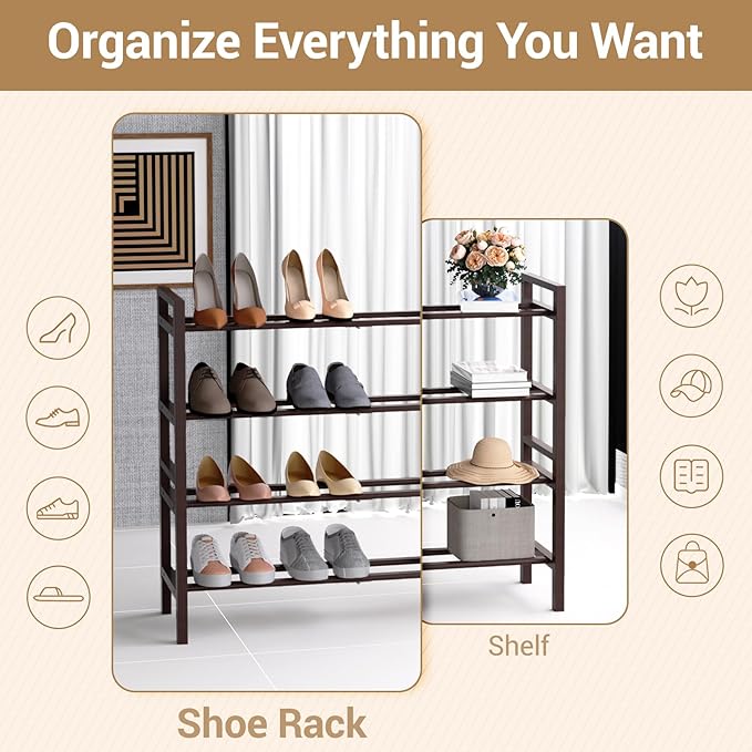 Haddockway Bamboo Shoe Rack for Closet, Free Standing Shoe Organizer with Smooth Round Rods & Convenient Handles, Stackable Shoe Storage Shelf for Entryway, Hallway(Brown, 4-Tier)