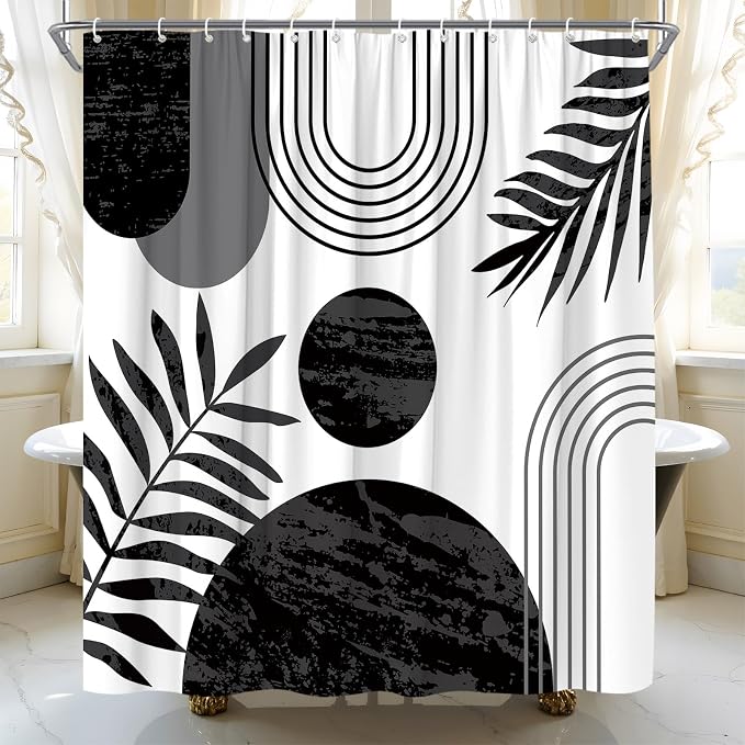 Mid Century Modern Shower Curtain Boho Black and White Abstract Retro Aesthetic Fabric for Bathroom Decor Bathtub with Hooks (67" WX70 H)