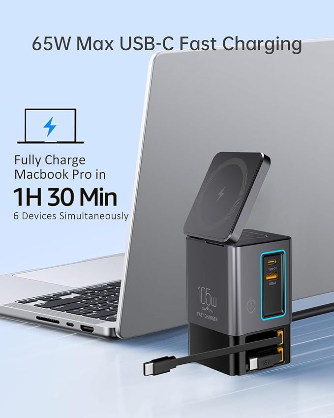 SUGOOL Retractable Charger with Wall Plug, 105W GaN 6-in-1 Charging Station with Magnetic Pad – MagSafe Compatible USB-C/Type-C Fast Charging Charger for iPhone, AirPods, MacBook