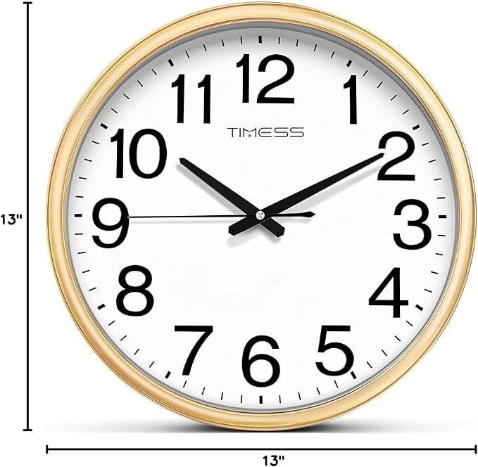 Wall Clock, 13 Inch Large Dial Non-Ticking Silent Battery Operated Quality Analog, Ultra-Quiet Movement Quartz, Timeless Stylish Clock, Ideal Modern Home, Office Décor (Gold)