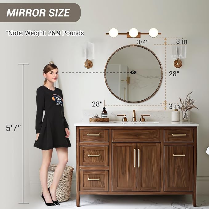 ANDY STAR Hand-Forged Round Bathroom Mirror, 28 Inch Antique Oil Rubbed Bronze Hammered Circular Mirror, for Wall Decor, Entryway, Bedroom, Fireplace, Solid Steel Frame