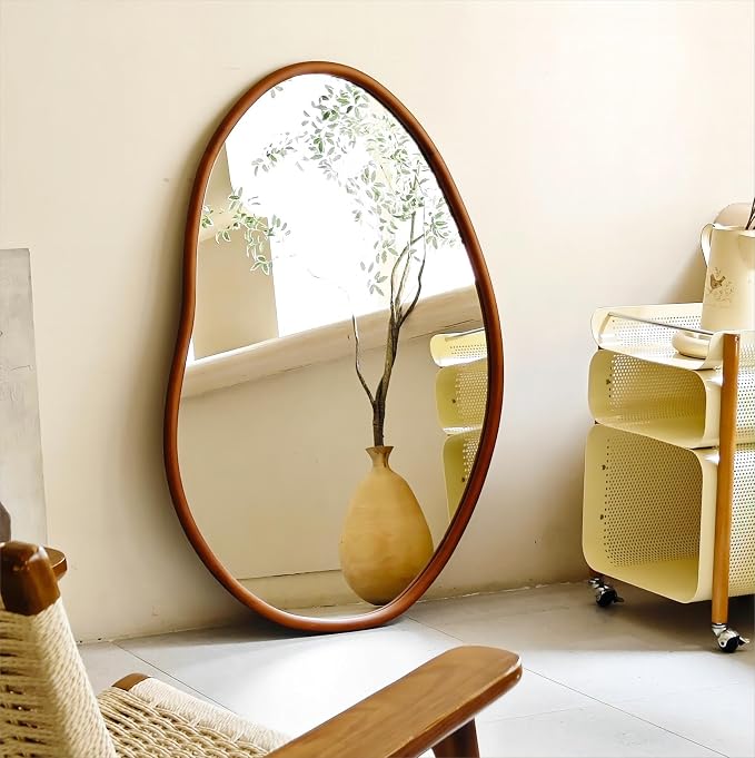 Irregular Wall Mirror Asymmetrical: Abstract Wood Frame 43x30 inch | Unique Vanity Glass Mirrors, Cloud-shape, Horizontal Vertical Hanging, Sleek Entryway Accent
