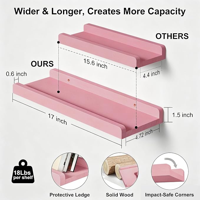 Love-KANKEI Floating Shelves Wall Mounted Set of 2, 17 Inch Rustic Wood Wall Shelves for Storage, Bedroom Living Room Bathroom Kitchen Office and More Pink
