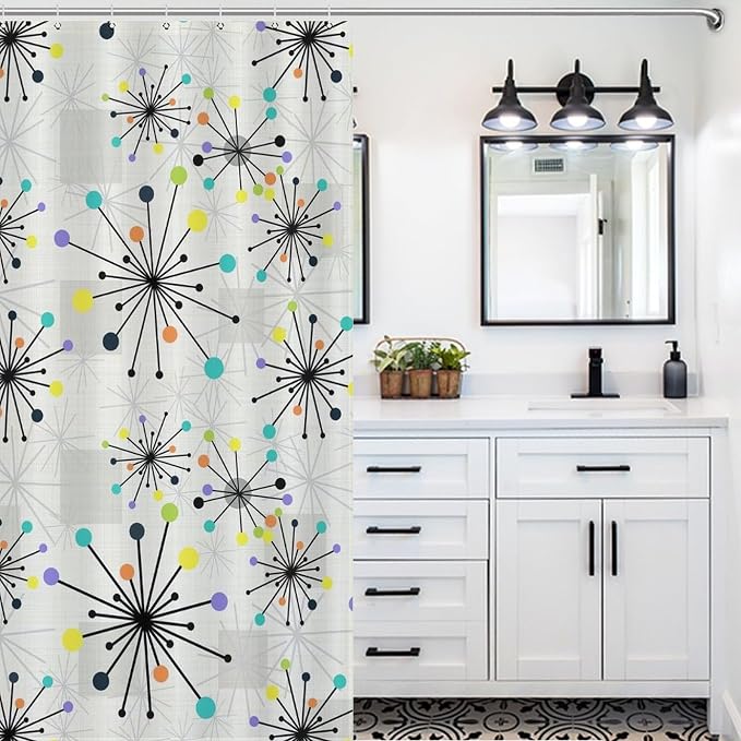 Mid Century Modern Shower Curtain,Retro Abstract Atomic Starburst Geometric Diamond Pattern Shower Curtains Set for Bathroom Fabric Decorative Bath Curtain Washable Curtain Hooks, 72x72”
