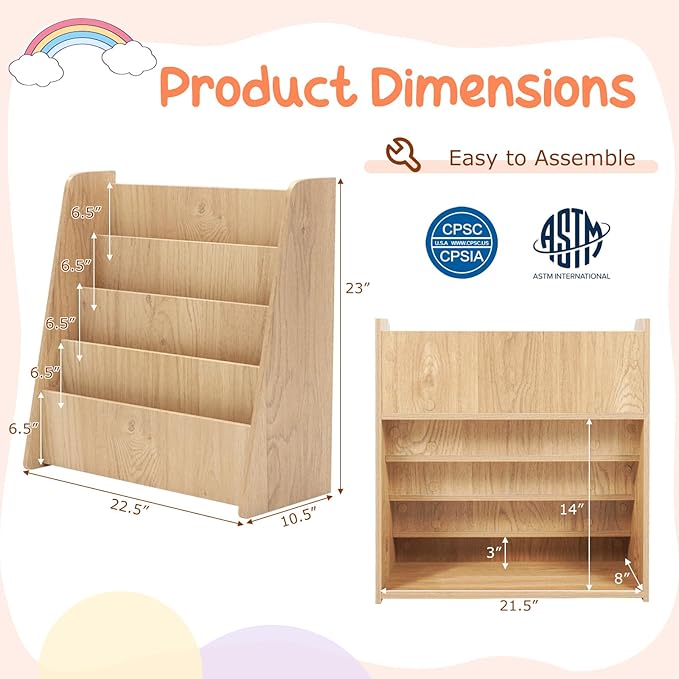 Costzon 4-Tier Kids Bookshelf, Front Facing Children Bookcase with Deep Compartments, Magazine Storage Rack for Kids Bedroom, Playroom, Nursery, Classroom, Kindergarten (Natural)