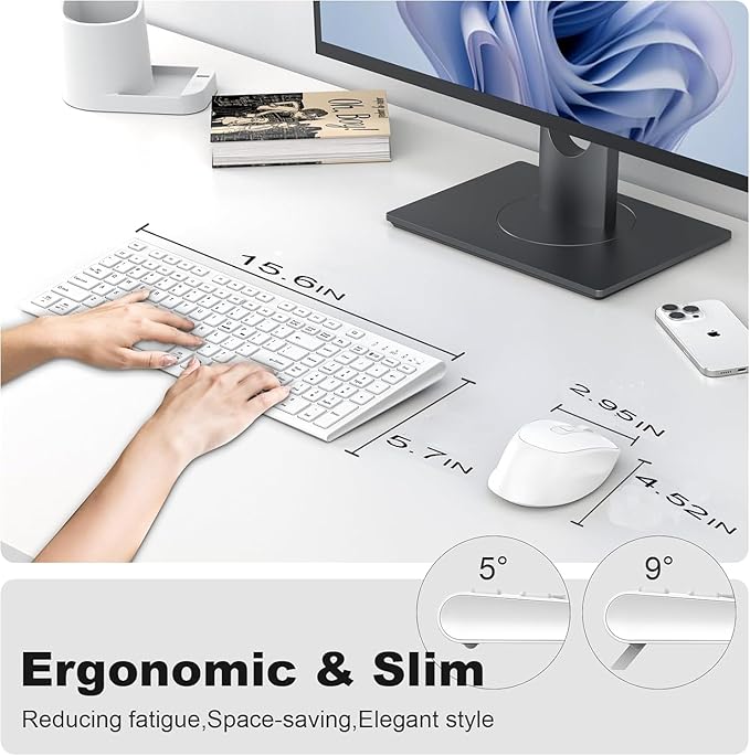 FENIFOX Wireless Keyboard and Mouse, Rechargeable USB C Combo Silent Quiet Compact Full Size Flat with Number Pad Soft Cover for Mac MacBook iMac Windows PC Laptop Computer Office - White
