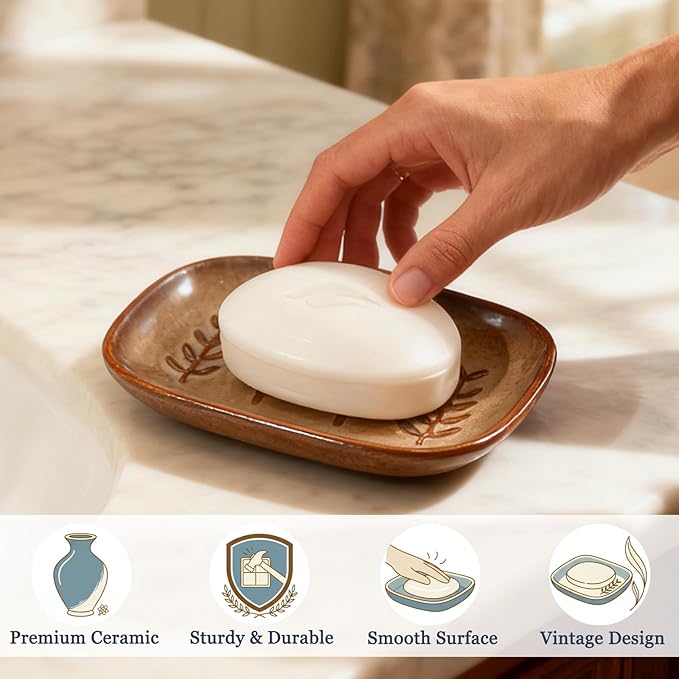 HighHerz Aesthetic Ceramic Soap Dish for Shower, Soap Holder with Raised Relief, Shower Soap Dish for Shampoo Bar Or Sponge, Soap Saver for Bathroom, Kitchen, Sink, Decorative Soap Tray (Brown)