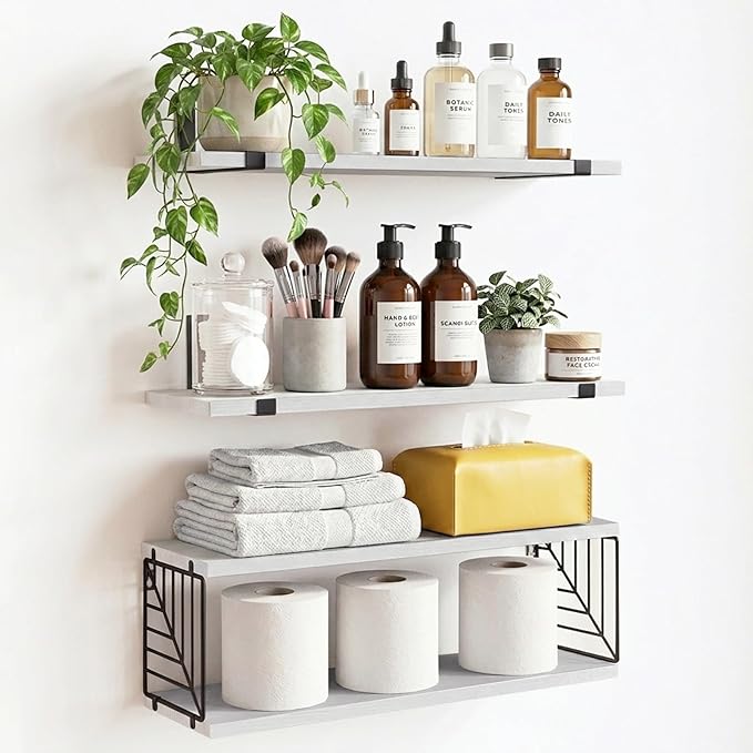 Fixwal 3+1 Tier Bathroom Floating Shelves Over Toilet, 15.8in Farmhouse Rustic Wood Shelves, Wall Decor for Bathroom, Living Room,Bedroom and Kitchen (White)