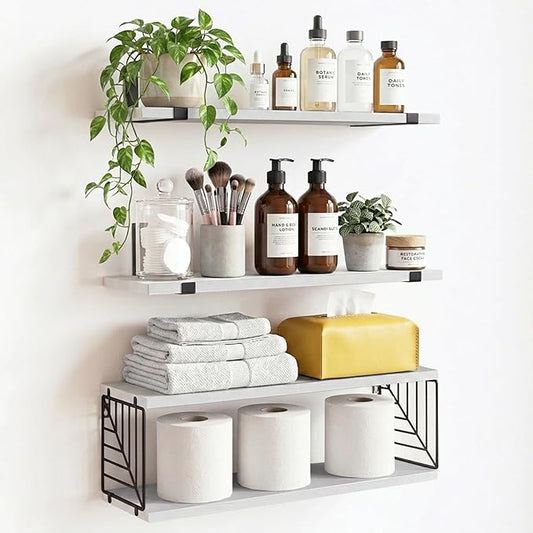 Fixwal 3+1 Tier Bathroom Floating Shelves Over Toilet, 15.8in Farmhouse Rustic Wood Shelves, Wall Decor for Bathroom, Living Room,Bedroom and Kitchen (White)