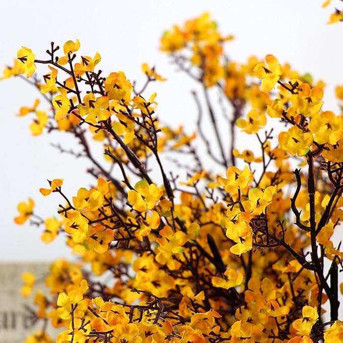 10pcs Babys Breath Artificial Flowers With Vase Gypsophila Bouquet Bulk Fake Spring Silk Flowers Real Touch Faux Floral for Home Kitchen Garden Wedding Christmas Decor (Yellow Orange With Vase)