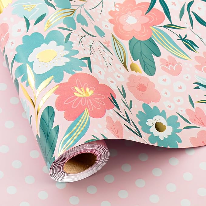 Burymento Pink Flower Wrapping Paper, Reversible Pink Dot Design Gift Wrap for Baby Shower, Birthday, Valentines, Mothers day, Graduation, Wedding, Fathers day, Christmas (17 Inch X 32.8 Feet)