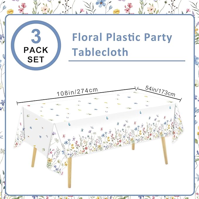 3 Pack Spring Floral Tablecloth, Wildflower Butterfly Plastic Table Cover for Easter, Birthday, Wedding, Tea, Wildflower Party Decorations, 54 x 108 Inch