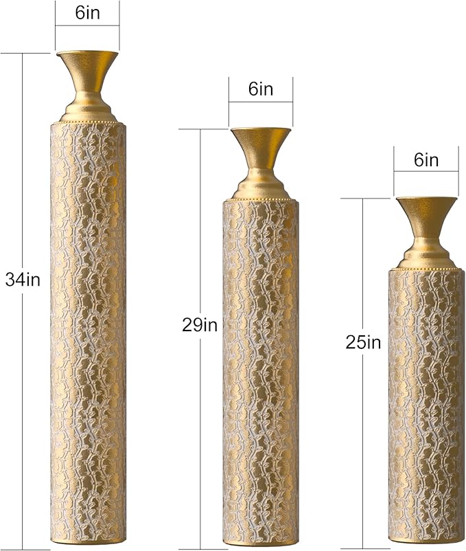 Metal Floor Vases Decorative, Set of 3 Flower Arrangement Stand, Metal Decorative Vase Tall Distressed Metallic Centerpiece Vases with Growing Vine Patterns, 34", 29", 25" H (Antique Gold1)