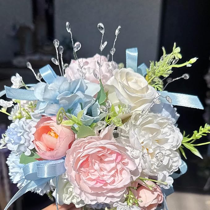 8.6in Wedding Bouquets for Bride Bridesmaid, Baby Blue Blush Pink Creamy White Bouquet with Crystal Pastel Flowers Artificial Fake Silk Roses for Wedding Rainbow Spring Beach Decoration Toss Bouquet