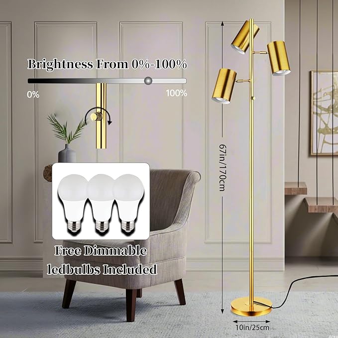 Ldeco Tree Floor Lamp for Living Room,Stepless Dimmable Gold Standing Tall Pole Lamp with 3 Bulbs,Modern Reading Floor Lamp for Living Room Bedroom Office,9W E26 LED Bulbs Includeds (Gold-Dimmable)