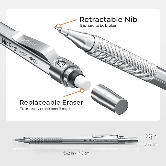 Nicpro 2 PCS Mechanical Pencils 0.5mm & 0.7 mm with Case, MP1000 Metal Artist Pencil Set with 4 Tubes HB Lead Refills, 2 Erasers, 9 Eraser Refills For Art Writing Drafting Drawing, Black & Silver