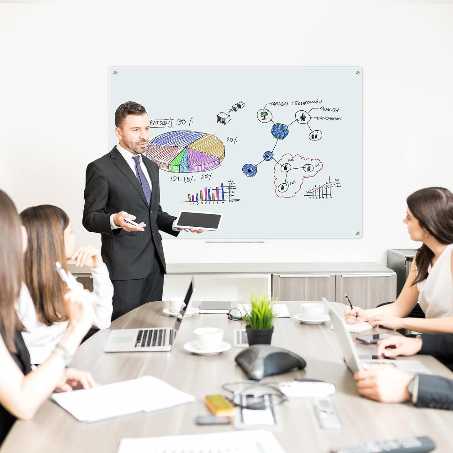 WALGLASS Magnetic Glass Whiteboard - 36"x24" Frameless Dry Erase Board for Office & School | Includes 6 Magnets & Pen Tray