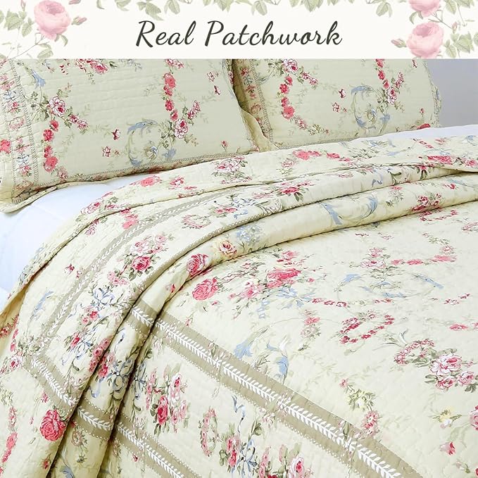 Cozy Line Home Fashions Khaki Cream Yellow Floral Blooming 100% Cotton Reversible Quilt Bedding Set Coverlet Bedspread (Rose Romance, King - 3 Piece)