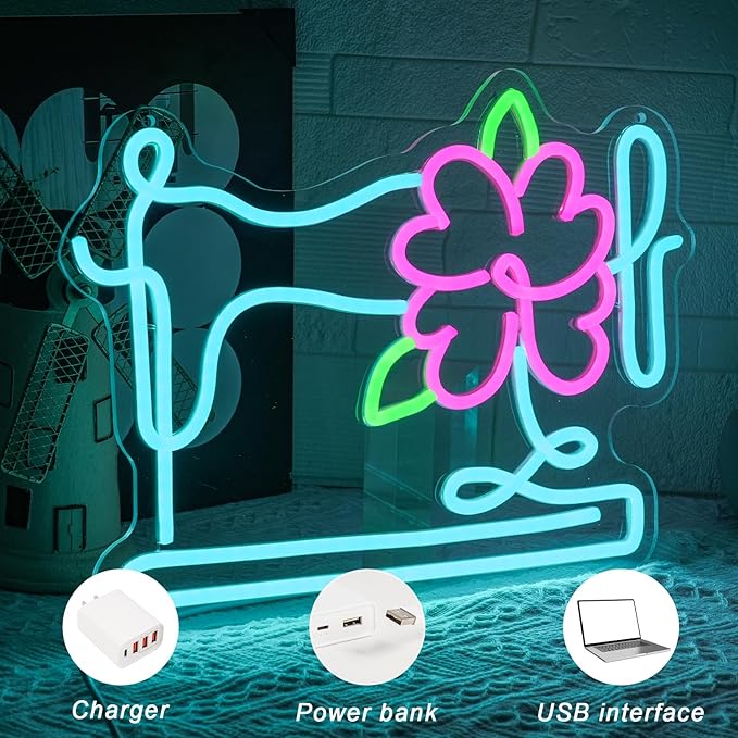 Floral Sewing Machine Neon Sign for Wall Decor Colorful Floral Led Sign Tailor Sewing Machine Led Light Flower Neon Light for Bedroom Girl's Room Sewing Room Tailor Shop Craft Room Flower Shop