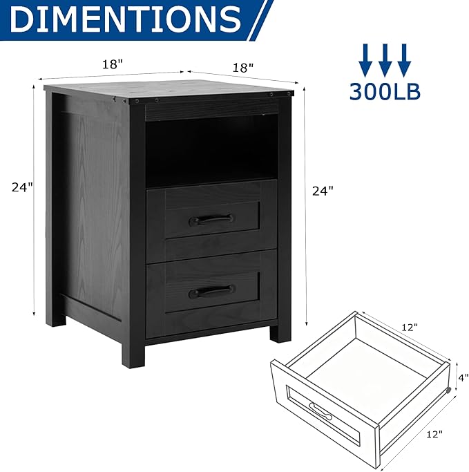 Farmhouse Night Stand, Rustic Black Nightstand for Bedroom, End Tables Without Charging Station, Bedside Table with Drawers, Wood Bedside Cabinet Dresser