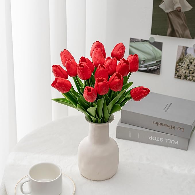 KAOYOO 18PCS Artificial Tulip Flowers Bouquet - Faux Latex Tulips for Home Decor,Office Desk,Kitchen Table,Wedding Centerpiece,Party,Spring Decoration(Red,18 Pack)