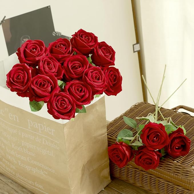 15Pcs Pearl Red Roses Artificial Flowers Fake Roses Long Stem Velet Rose Silk Flowers for Home Wedding Decoration (Pearl Roses,Red)