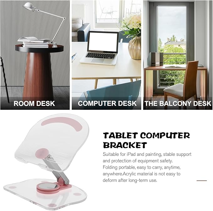 CONGARTENO Adjustable Acrylic Tablet Stand Holder for Desk and Travel, 360° Rotatable Folding Pink Tablet Holder Compatible with Ipad for Home Office Use