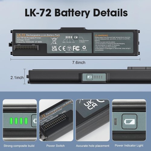 E EGOWAY LK-72 Replacement Battery Pack - High-Capacity 10.8V 3500mAh for Canon PIXMA TR150 Printer