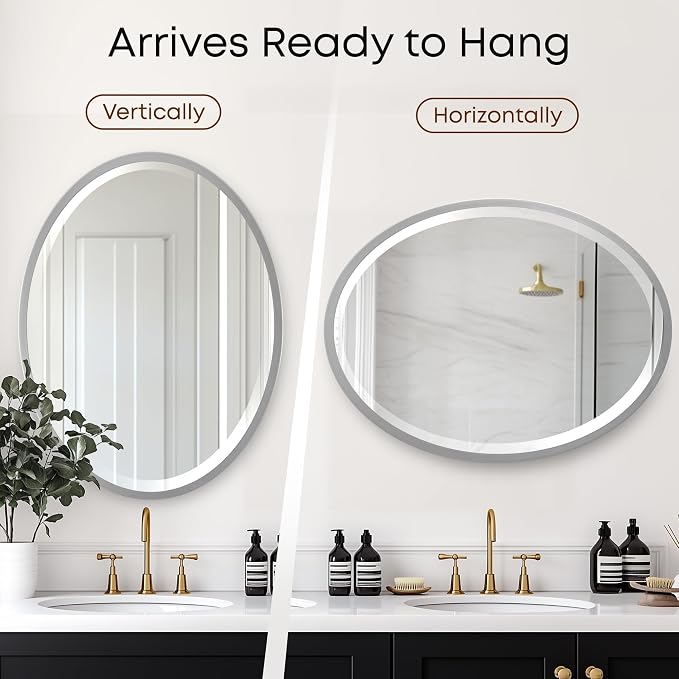 OVALCREST - Oval Wooden Beveled Wall Mirror for Home Decor, Bathroom, Vanity, Bedroom, Living Room, Hallway - London Style (Silver Spray) 37.1 x 25.1