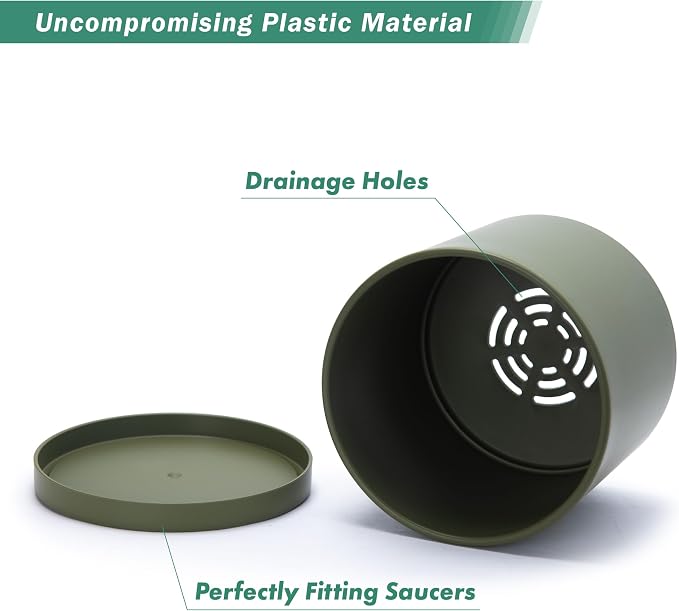 D'vine Dev 8 Inch Plastic Planter Pots for Plant Pot with Drainage Hole and Seamless Saucers, Olive, 74-X-I-1