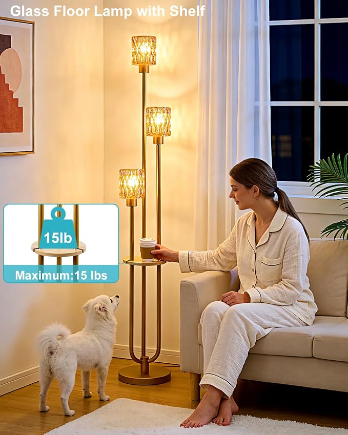 62IN Gold Floor Lamp with Amber Glass Shade 3-Lights Mid-Century Modern Farmhouse Floor Lamps with 3000K Warm White Bulbs, Tall Standing Lamp 5Lbs Heavy Base for Living Room/Bedroom/Corner