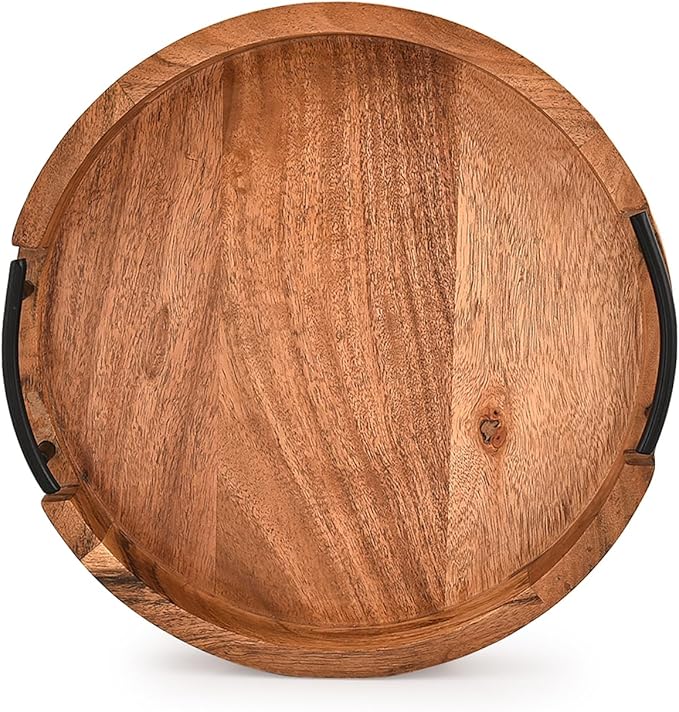 Tray Acacia Wood Round Serving Tray with Iron Handles for Coffee Table Decor Centerpiece Kitchen Counter (12" X 12" X 1.6")