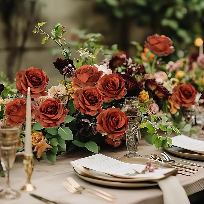 50pcs Artificial Roses Flowers in Bulk,Realistic Silk Fake Rose with Long Stem for Wedding Centerpieces Bouquet Party Floral Arrangement Home Decoration (Burnt Orange)