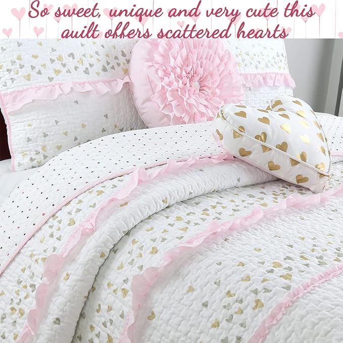 Cozy Line Home Fashions Pink Ruffle Gold Hearts Girl 100% Cotton Reversible All-Season Coverlet, Bedspread, Quilt Bedding Set (Sparkling Hearts, Queen - 5 Piece: 1 Quilt + 2 Shams + 2 Decor Pillows)