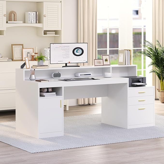 Computer Desk with 3 Drawer & Storage Shelves, Home Office Desk with File Drawer & Cabinet, Writing Study Table with Long Monitor Stand & Printer Shelf, Executive Desk, White