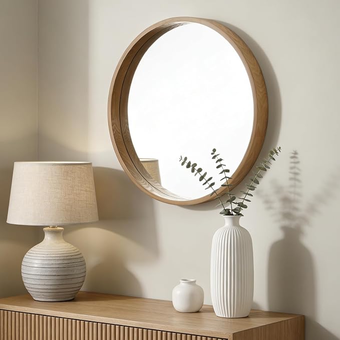 WallBeyond 24 Inch Natural Round Wood Mirror, Circle Wooden Frame Wall Mirror for Bathroom, Living Room, Bedroom, Entryway