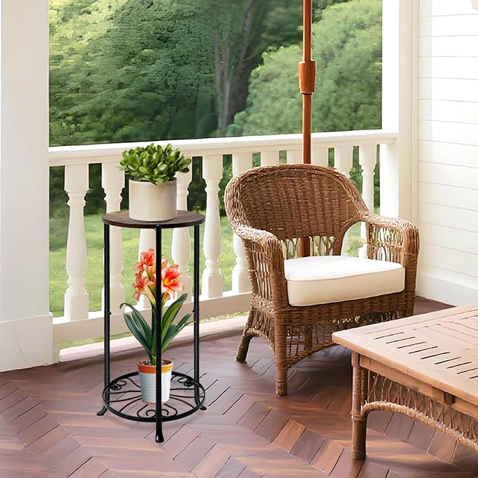 Plant Stand Indoor, 2 Tier Wood Round Potted Holder Rack, 27 " Tall Flower Pot Stand Shelf, Round Supports Plant Stand for Large Plants, Corner Plant Shelf for Balcony Garden Patio Living Room, Brown