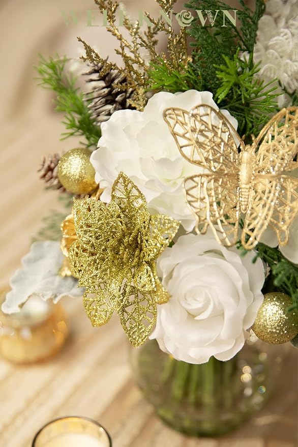 Fake Flowers in Vase, Golden Shimmer Poinsettia & Butterfly, Artificial Rose Flowers Arrangement Centerpiece for Dining Table Wedding Party Fall Winter Home Christmas Decor Gift (Gold White & Green)