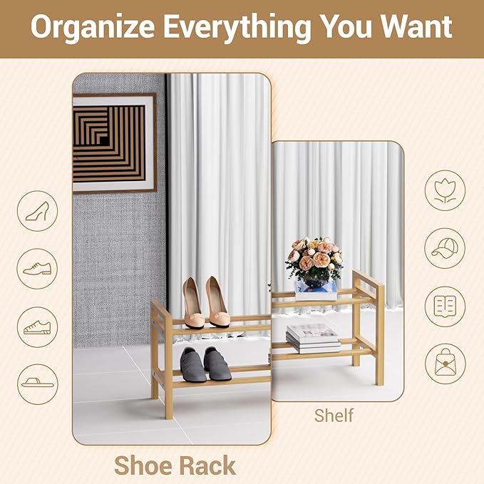 Haddockway Bamboo Shoe Rack for Closet, Free Standing Shoe Organizer with Smooth Round Rods & Convenient Handles, Stackable Shoe Storage Shelf for Entryway, Hallway(Natural, 2-Tier(Small))