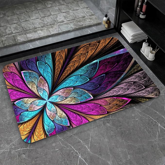 Diatomaceous Earth Bath Mat,Colorful Fractal Glass Flowers Non-Slip Volume Super Absorbent Fast Drying for Bathroom Kitchen Door mat,Eco-Friendly Easy to Clean 20×31Inch (50 * 80cm)